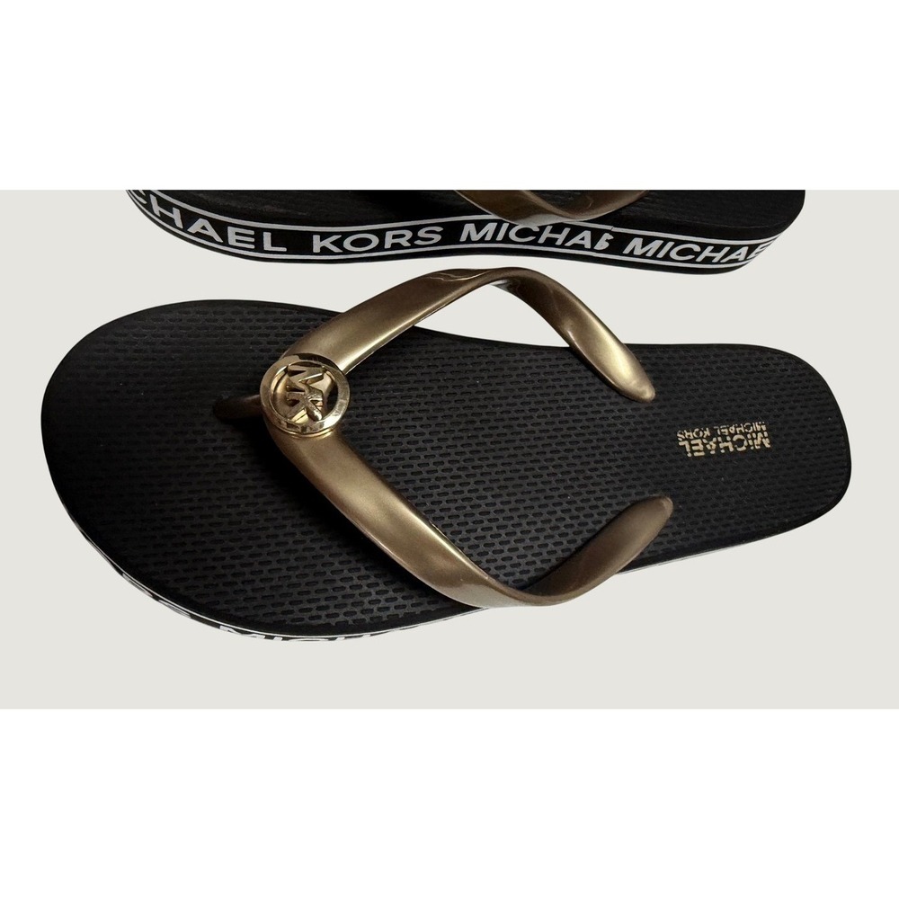 Michael Kors Women Black Gold Logo Platform Flip Flop Sandals MK Medallion 6/6.5 - Picture 3 of 7
